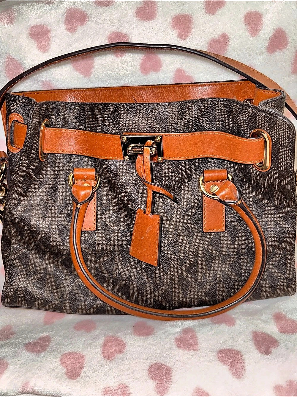 Michael Kors Hamilton Legacy Large Logo Belted Satchel Brown & Orange